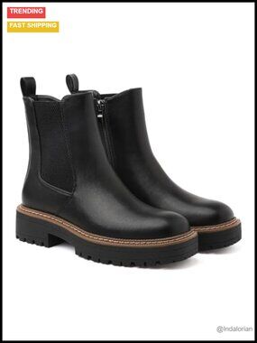 Chelsea Ankle Boots Women Chunky Slip-On Square Toe PU Faux Leather